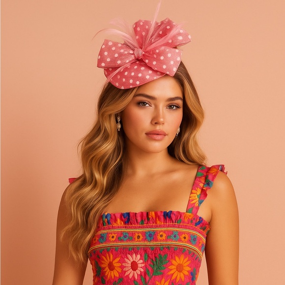Kentucky Derby Oaks Hat Pink Fascinator Polka Dots Tea Statement Headwear Ascot
